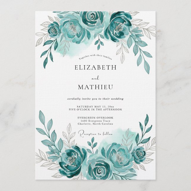 Convites Teal Watercolor Bloom Romance Wedding (Frente)