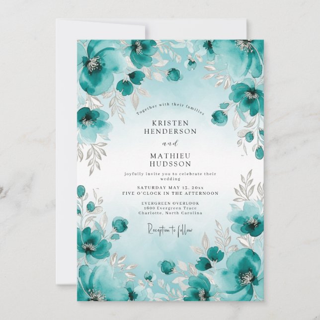 Convites Teal Watercolor Ethereal Wedding (Frente)