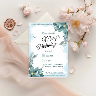 Convites Teal Watercolor Florals Aniversário