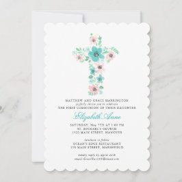Convites Teal Watercolor Flower Cross First Santa Comunhão