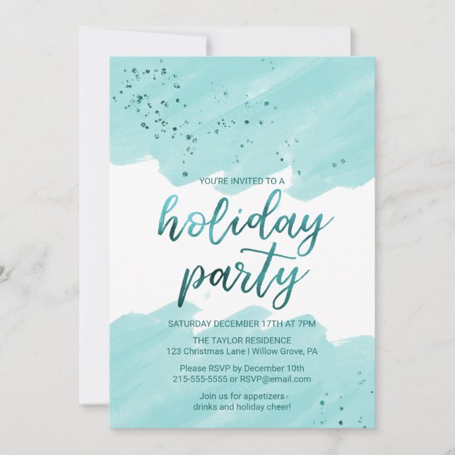 Convites Teal Watercolor Foliday Party (Frente)