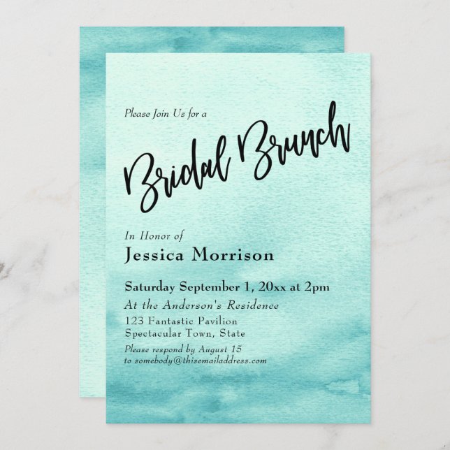 Convites Teal Watercolor Ombre Bridal Brunch (Frente/Verso)