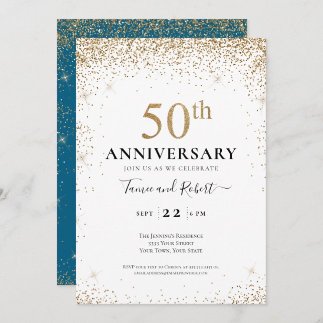 Convites Teal White Gold 50th Wedding Anniversary  (Frente/Verso)