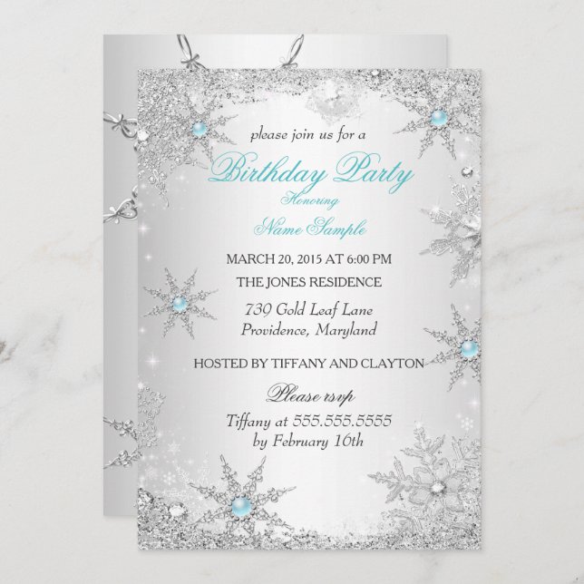 Convites Teal Winter Wonderland Festa de aniversário (Frente/Verso)