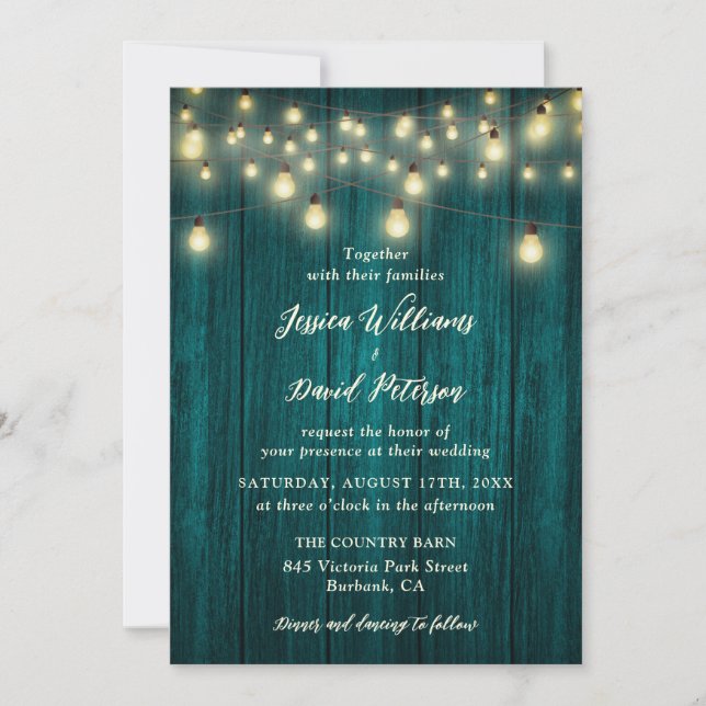Convites Teal Wood String Luzes Campo Casamento (Frente)