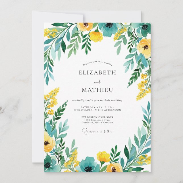 Convites Teal Yellow Blooming Romance Wedding (Frente)