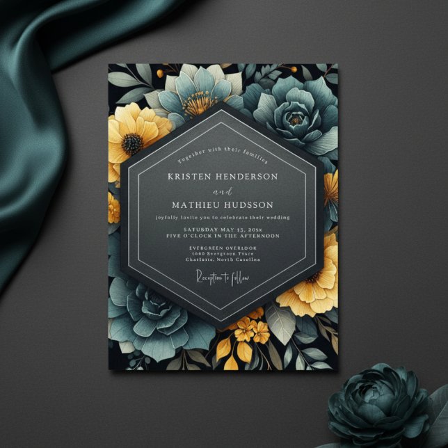 Convites Teal Yellow Floral Bloom Wedding (Criador carregado)