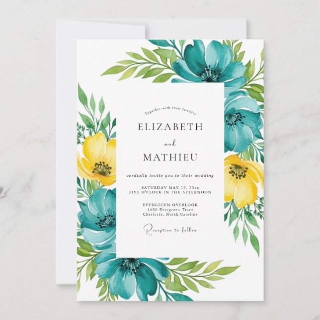 Convites Teal Yellow Floral Spring Wedding (Frente)