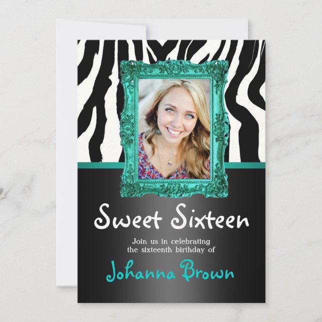 Convites Teal Zebra - Foto - Sweet 16 Invitation (Frente)