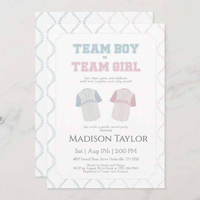 Convites Team Boy vs Team Girl Baseball Gender Reveal  (Frente/Verso)