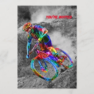 Convites Technicolor Mountain Biker corre em uma trilha