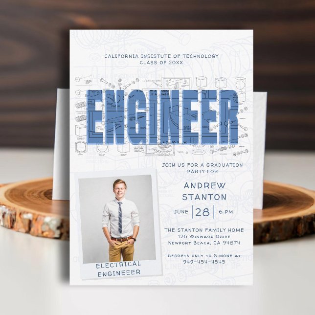 Convites Tecnologia de Engenheiro de formandos azul (college grad engineering engineer graduation ceremony party invitation white blue technical science)
