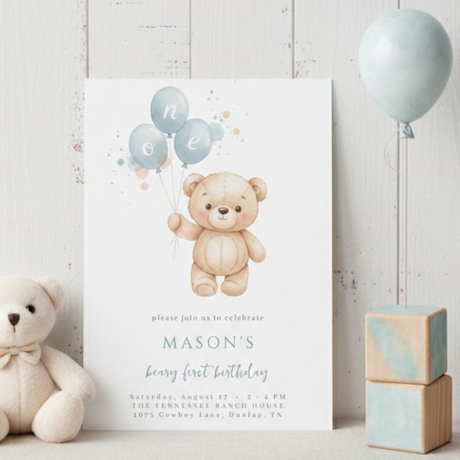Convites Teddy Bear 1st Birthday Blue Watercolor (Criador carregado)