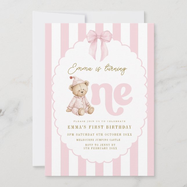 Convites Teddy Bear 1st Birthday Invitation Girl (Frente)