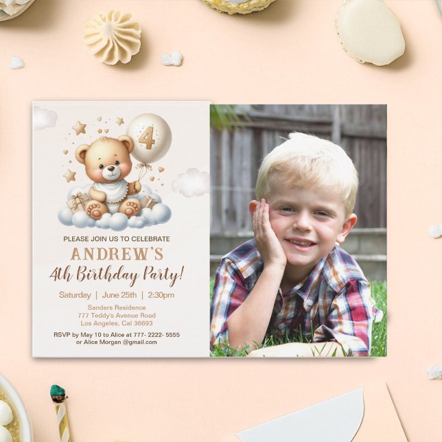 Convites Teddy Bear 4th Birthday Photo Invitation for Boys (Criador carregado)