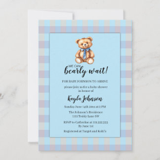 Convites Teddy Bear and Blue Gingham Plaid Baby Shower