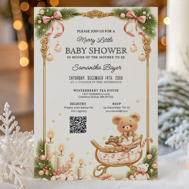 Convites Teddy Bear and Ribbons Christmas Baby Shower  (Criador carregado)