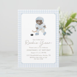 Convites Teddy Bear Ano de Novato de Hockey Xadrez Azul 1º 