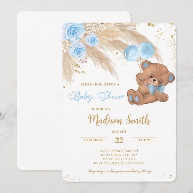 Convites Teddy Bear Baby Shower (Frente/Verso)