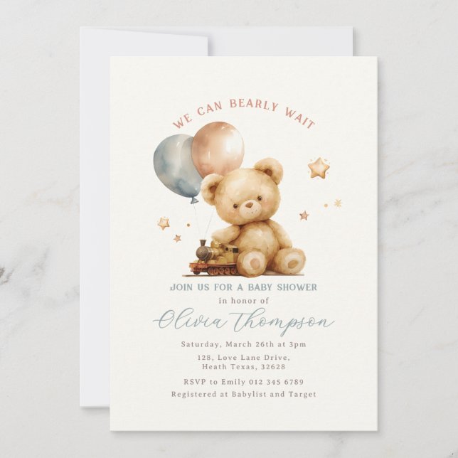Convites Teddy Bear Baby Shower Invitation (Frente)