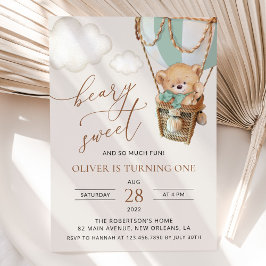 Convites Teddy Bear, Balão de Ar Quente Verde, Primeiro Ani