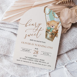 Convites Teddy Bear, Balão de Ar Quente Verde, Primeiro Ani