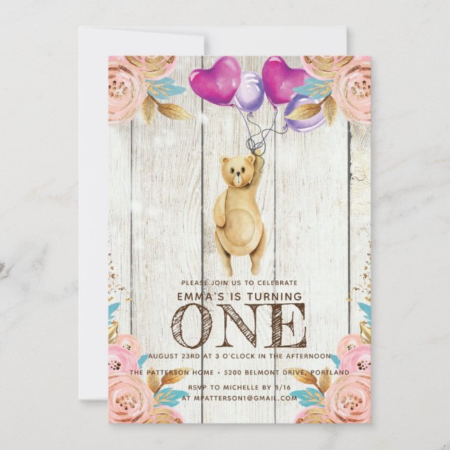 Convites Teddy Bear Balão Primeiro Aniversário Russo (Frente)