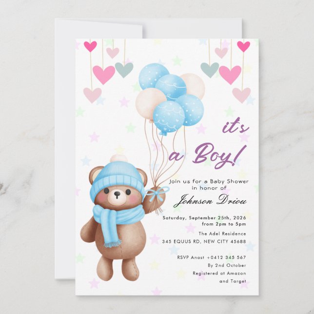 Convites teddy bear balloon baby shower invitation (Frente)