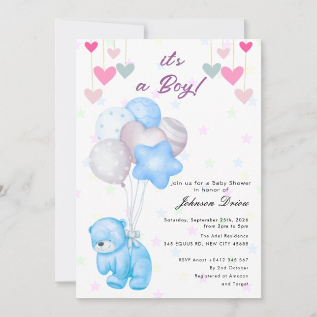 Convites teddy bear balloon baby shower invitation (Frente)