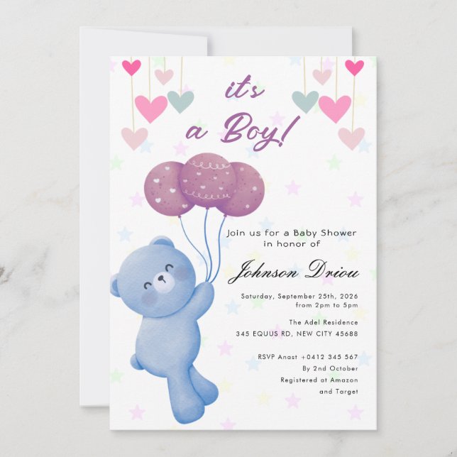 Convites teddy bear balloon baby shower invitation (Frente)