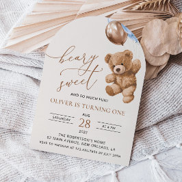 Convites Teddy Bear, Balões Azuis, Primeiro Aniversário