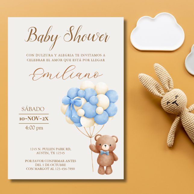 Convites Teddy Bear Balões de Chá de fraldas Espanhóis (Teddy Bear Spanish Baby Shower Balloons Invitation)
