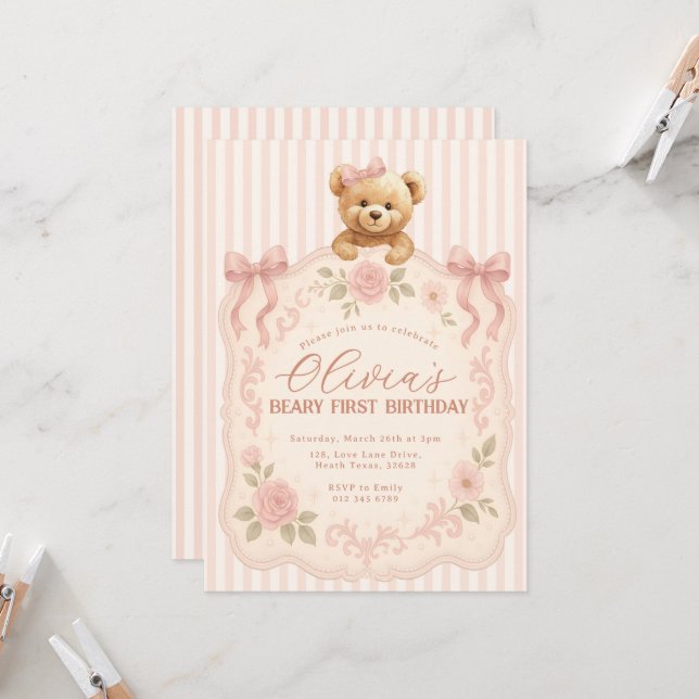 Convites Teddy Bear Birthday Invitation  (Frente/Verso In Situ)
