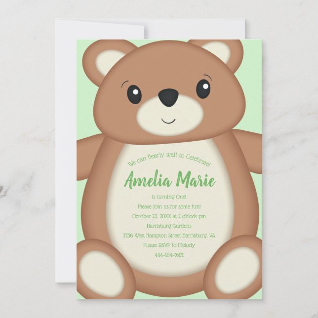 Convites Teddy Bear Birthday Party Green (Frente)