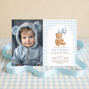 Convites Teddy Bear Blue Balloon Beary Foto de Primeiro Ani