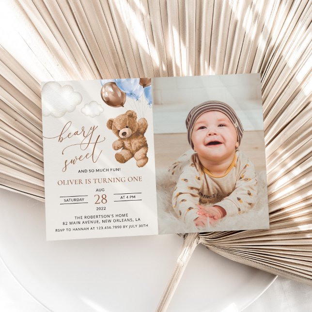 Convites Teddy Bear, Blue Balloons, First Birthday (Criador carregado)