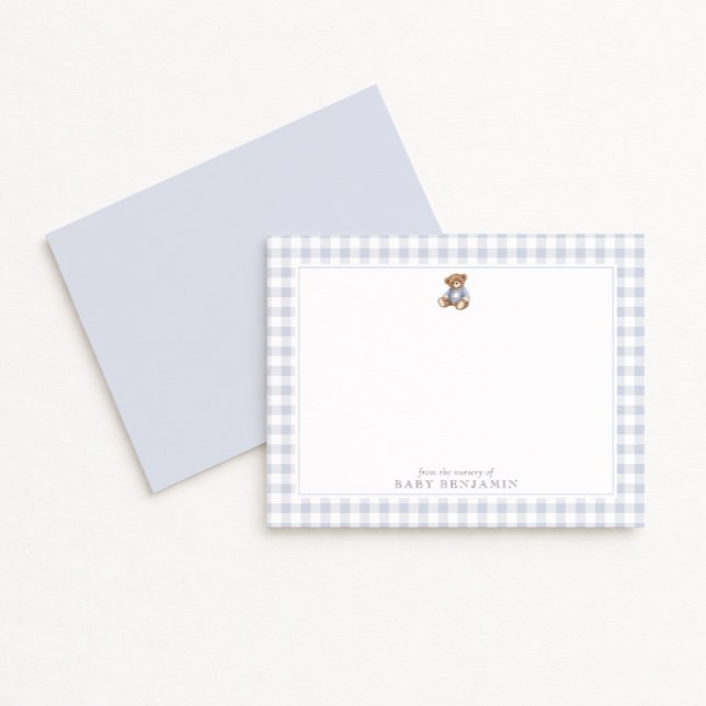 Convites Teddy Bear Blue Gingham Preppy Nursery Note Card (Criador carregado)
