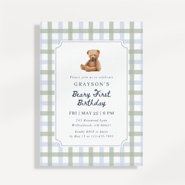 Convites Teddy Bear Blue Sage Green First Birthday  (Criador carregado)