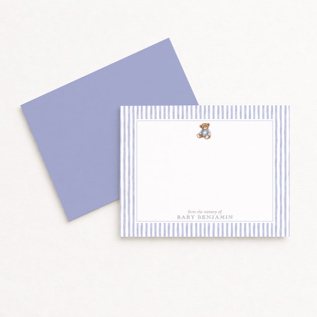 Convites Teddy Bear Blue Stripe Preppy Nursery Note Card (Criador carregado)