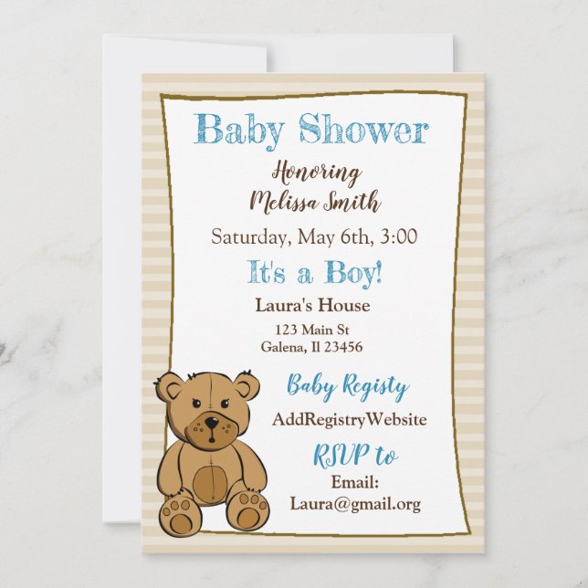 Convites Teddy Bear Boy Baby Shower Invasores (Frente)