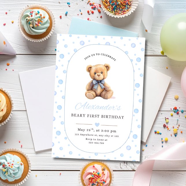 Convites Teddy Bear Boy Birthday Invite, Beary 1st Birthday (Criador carregado)