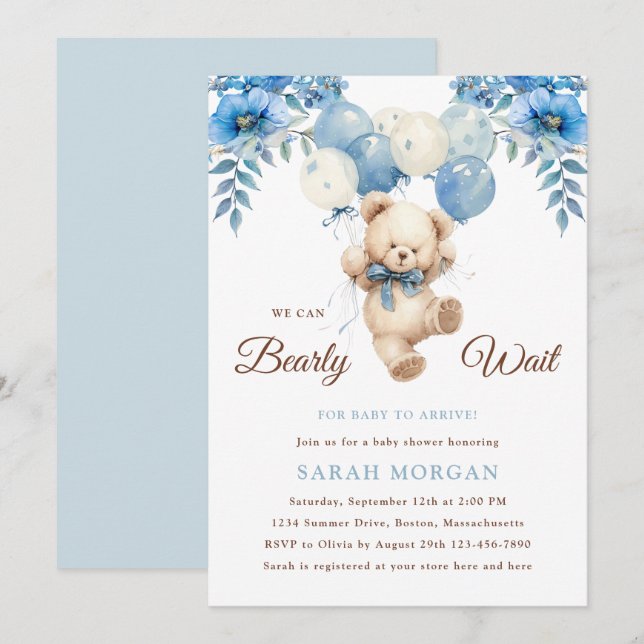 Convites Teddy Bear Boy Blue | Boho Bearly Wait Baby Shower (Frente/Verso)