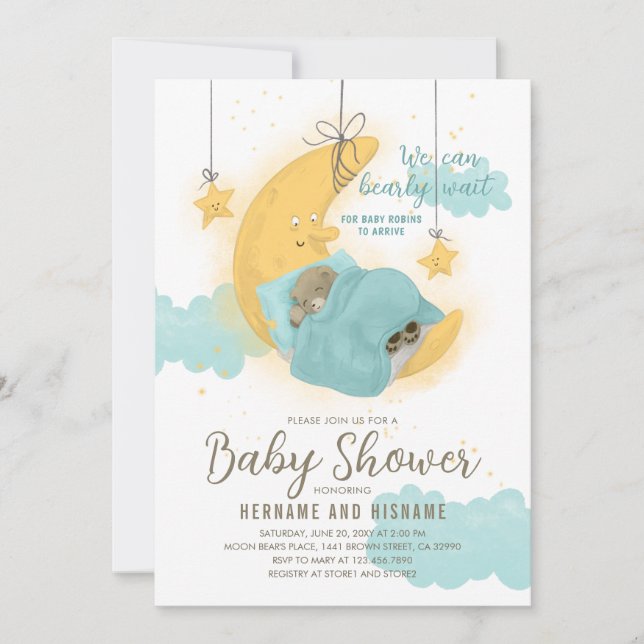 Convites Teddy Bear Boy Moon Stars Chá de fraldas Azul (Frente)