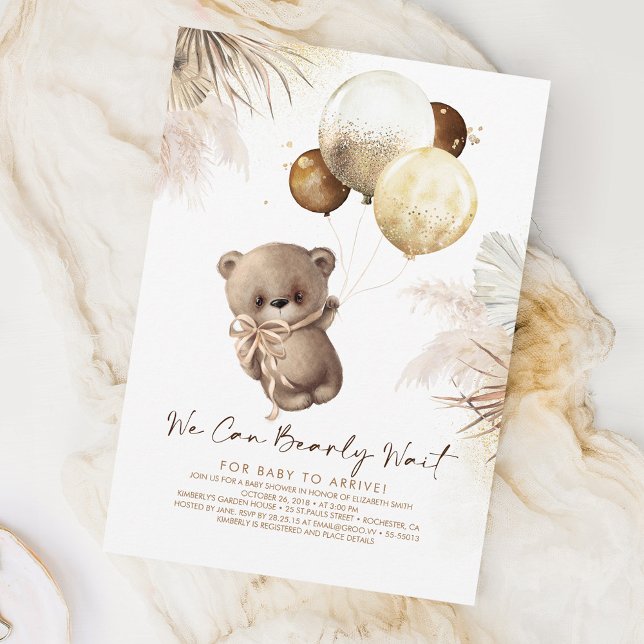 Convites Teddy Bear Brown e Dourado Chá de fraldas de Balõe (Teddy Bear Baby Shower Invitations)