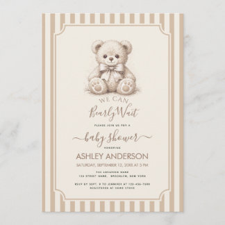 Convites Teddy Bear & Brown Stripes Baby Shower Bearly Wait