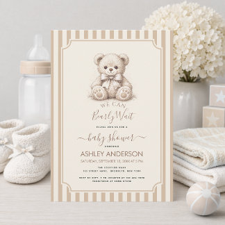 Convites Teddy Bear & Brown Stripes Baby Shower Bearly Wait