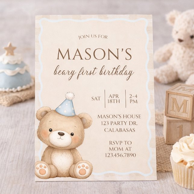 Convites Teddy Bear First Birthday Invitation, Beary First  (Criador carregado)