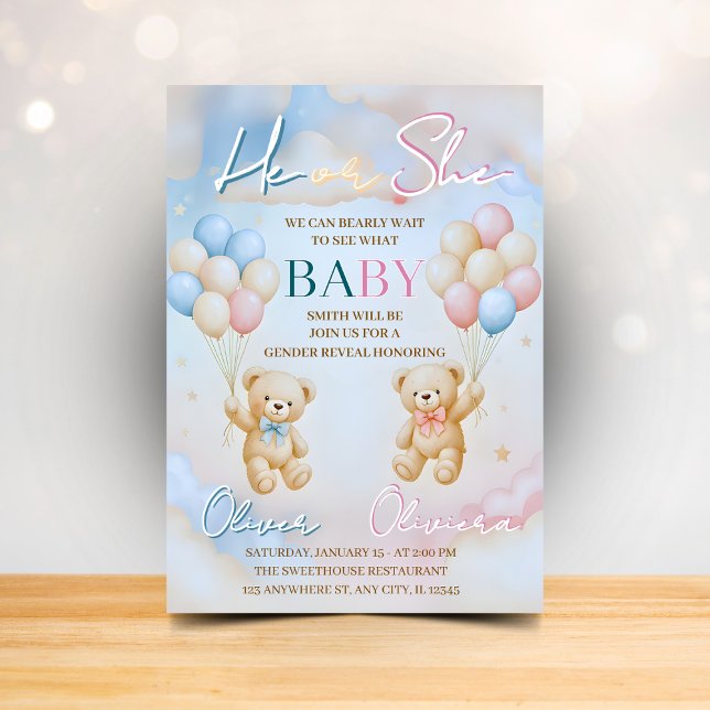 Convites Teddy Bear Gender Reveal Invitation He or She (Criador carregado)