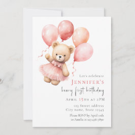 Convites Teddy Bear Girl 1st Birthday Invitation