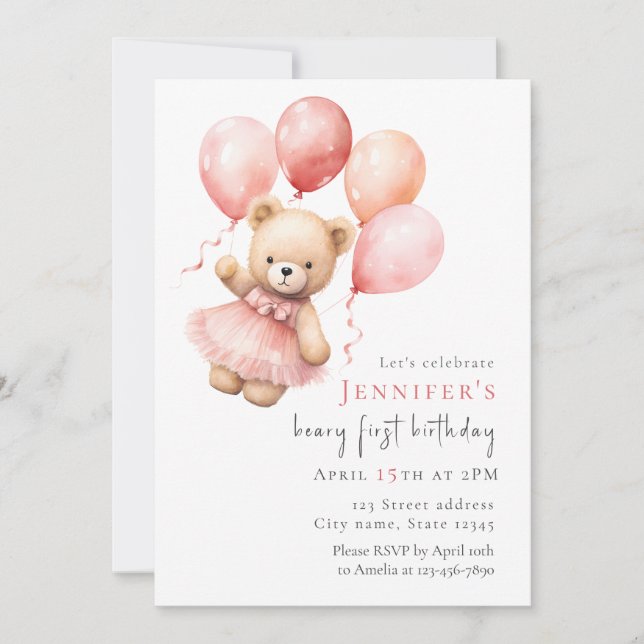 Convites Teddy Bear Girl 1st Birthday Invitation (Frente)